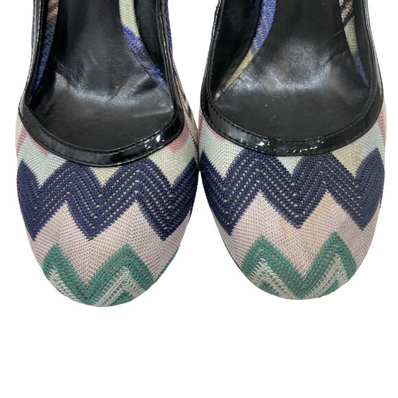 Missoni Designer Pumps Sz 39 Leather Chevron Print Round Toe Heels Multicolor - Picture 6 of 13